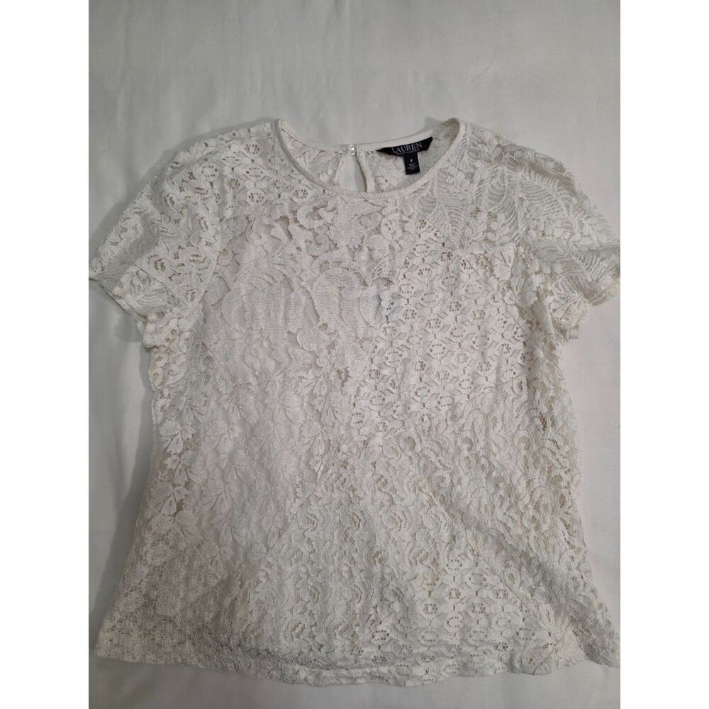 LAUREN RALPH LAUREN Size 8 PATCHWORK LACE CREAM BLOUSE & Cami